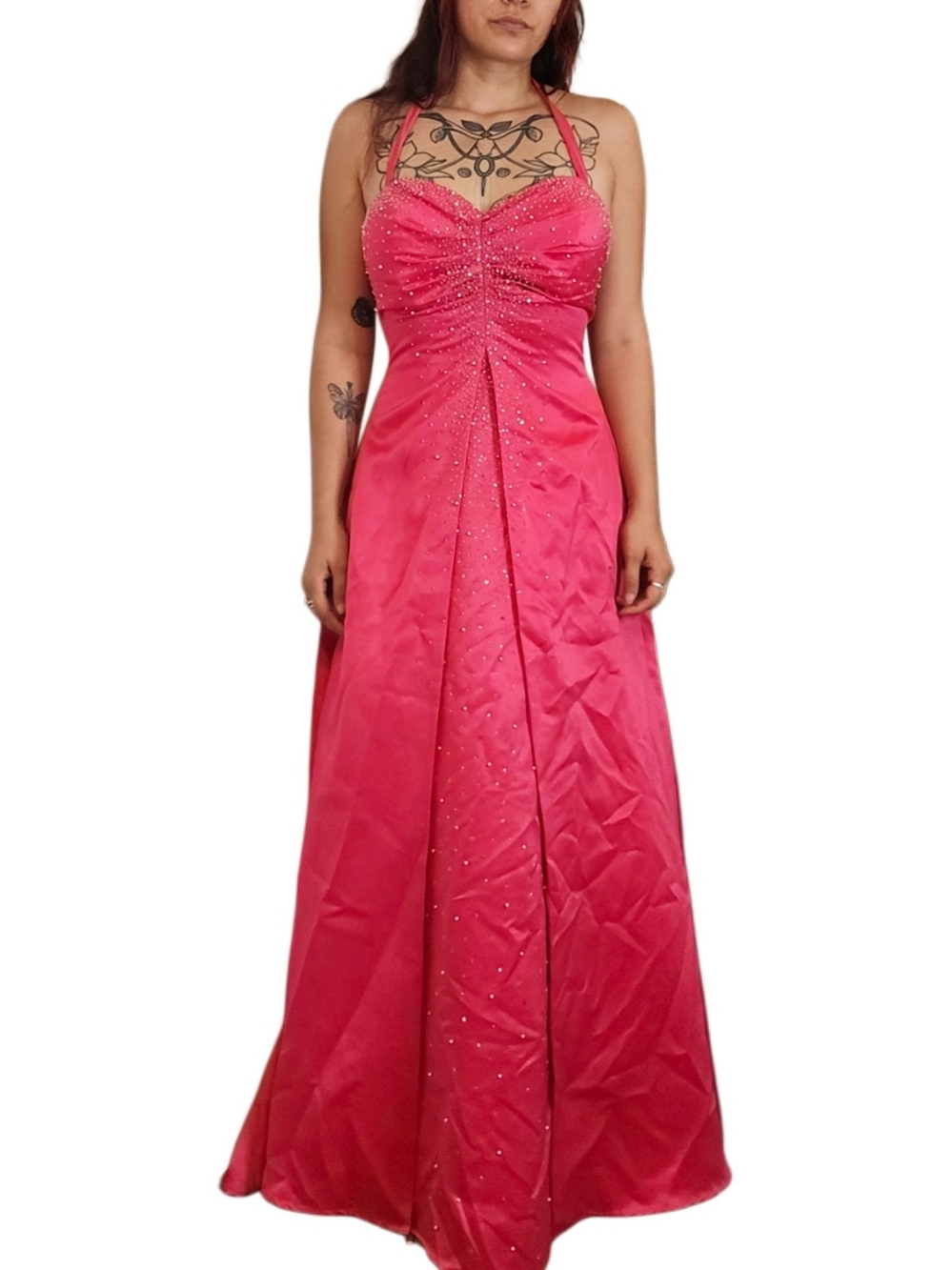 Vintage 2000s City Triangles Hot Pink Beaded Halter Prom Gown!